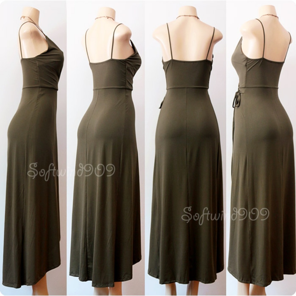 Last☝️ Olive Green Plunge Surplice Maxi Wrap Dress - Picture 7 of 8